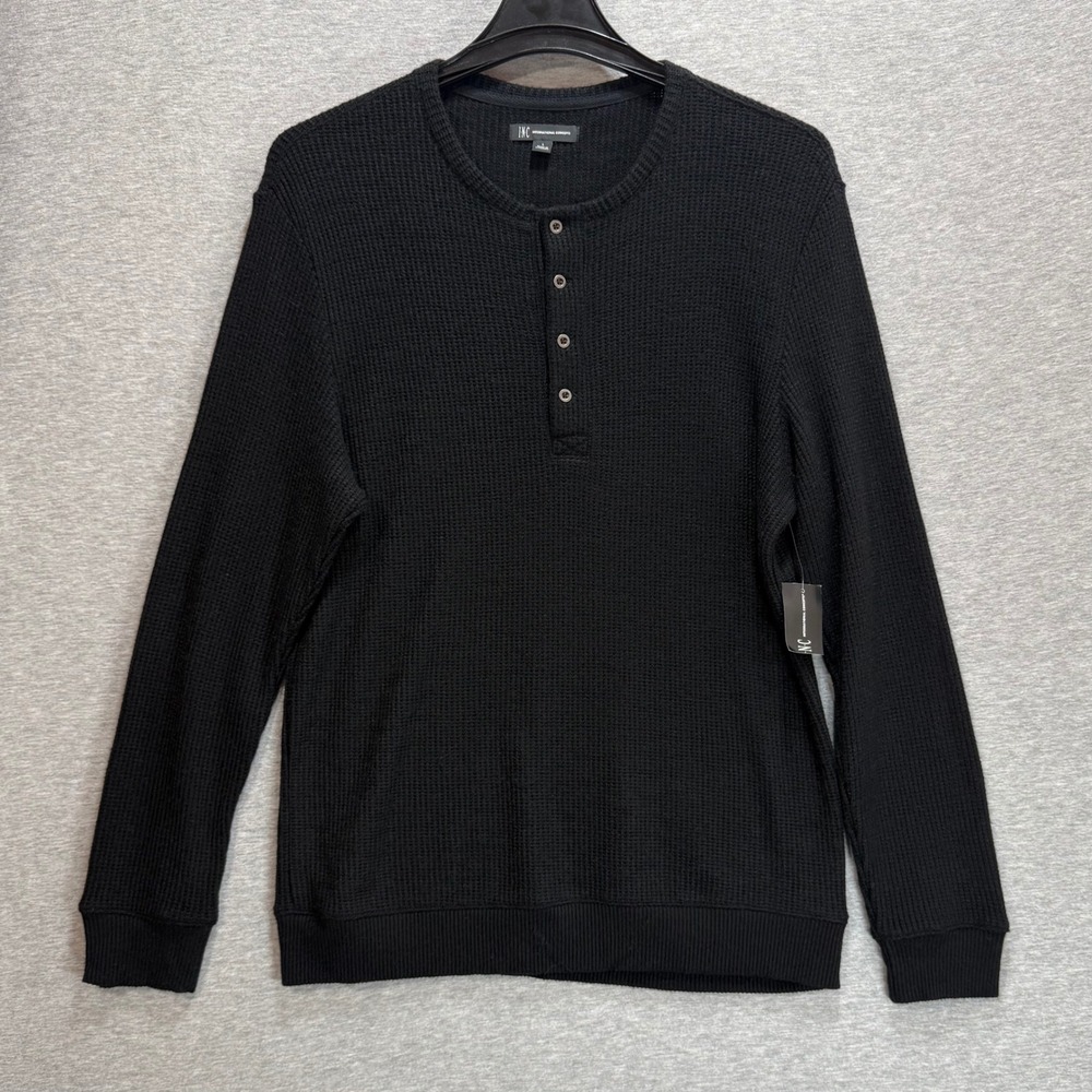 INC Henley Shirt Mens Large Black Waffle Knit Long Sleeve Pullover Layering